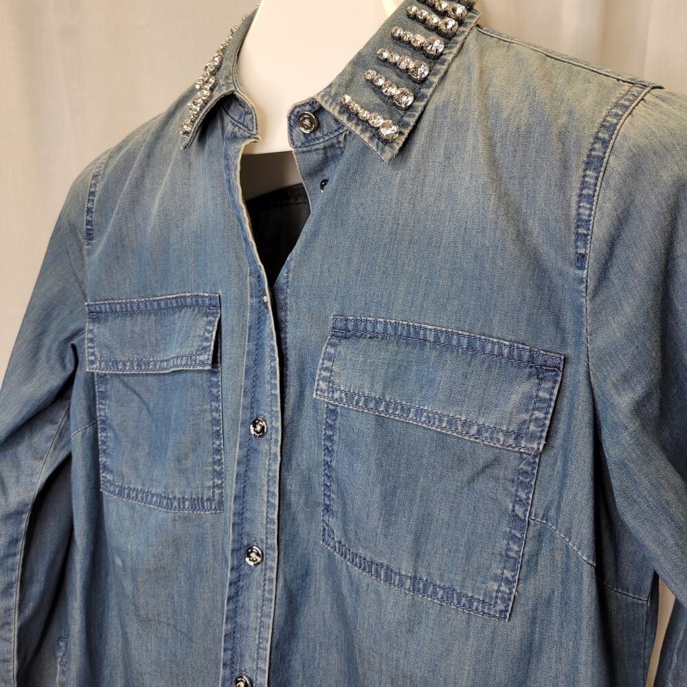 MICHAEL Michael Kors Denim Button Up w/ Jeweled Collar, M - Picture 3 of 10